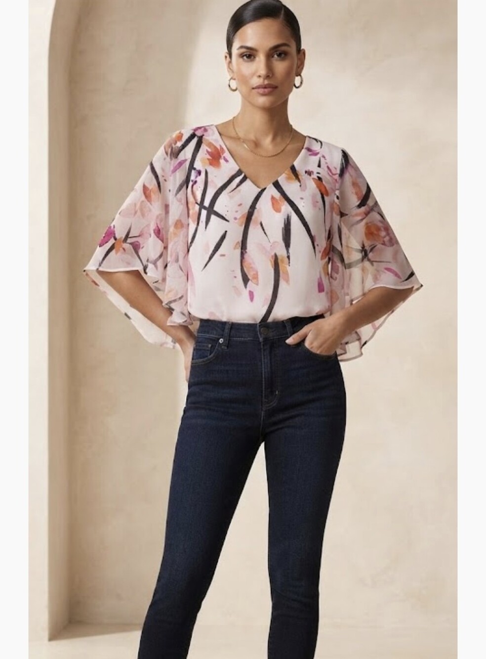 Laura Flowy Chiffon Style Women’s Watercolor Floral V-Neck Blouse - Blush